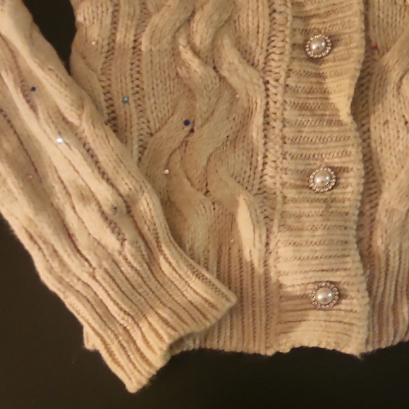 St. John's Bay Beige Cable Knit Cardigan with Sparkle Buttons - Picture 5 of 10